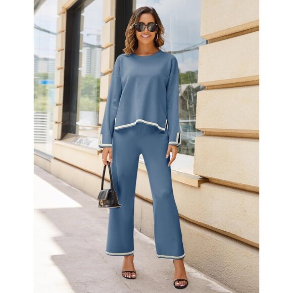 Women's Blue Long Sleeve Knit Sweater Top & Wide Leg Pants Lounge Set - Picture 2 of 6